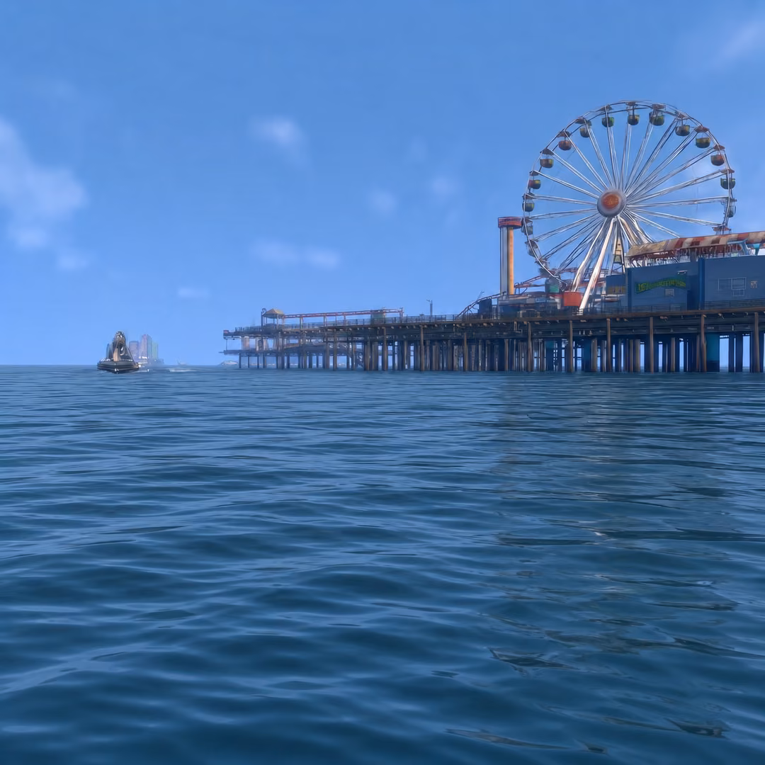 FIH driving a speedboat away from the city